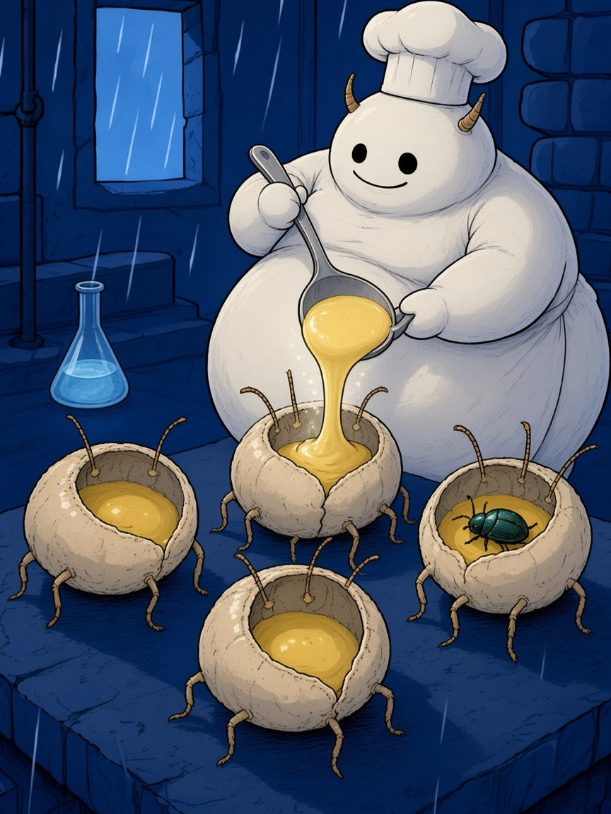 Placeholder plate for Soul Flask Custard. Inked food plate from the book.